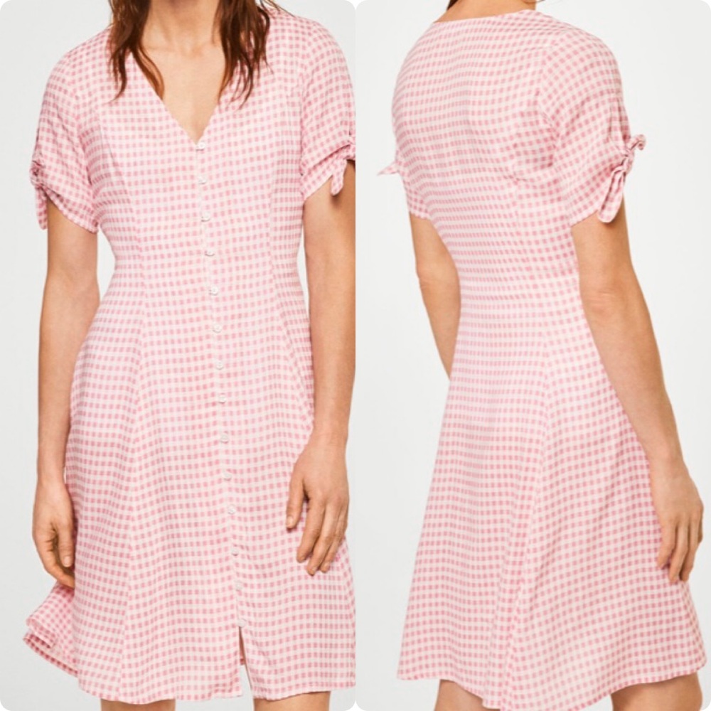 MANGO Check Knot Sleeves Button Front Mini Dress